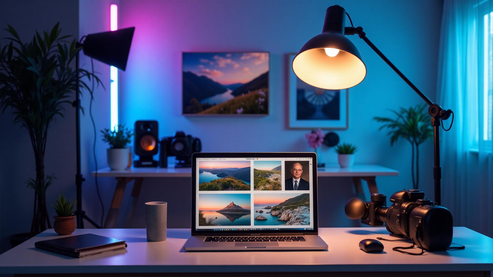 Professional stock photo workspace with camera equipment and high-quality images